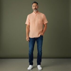 Onia Men's‎ Short Sleeve Linen Band Collar Pullover Shirt Peach Size S